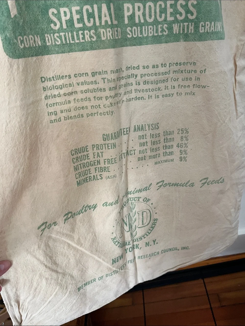 Vintage Produlac National Distillers Feed Sack, Cotton, New York NY, Green Prin